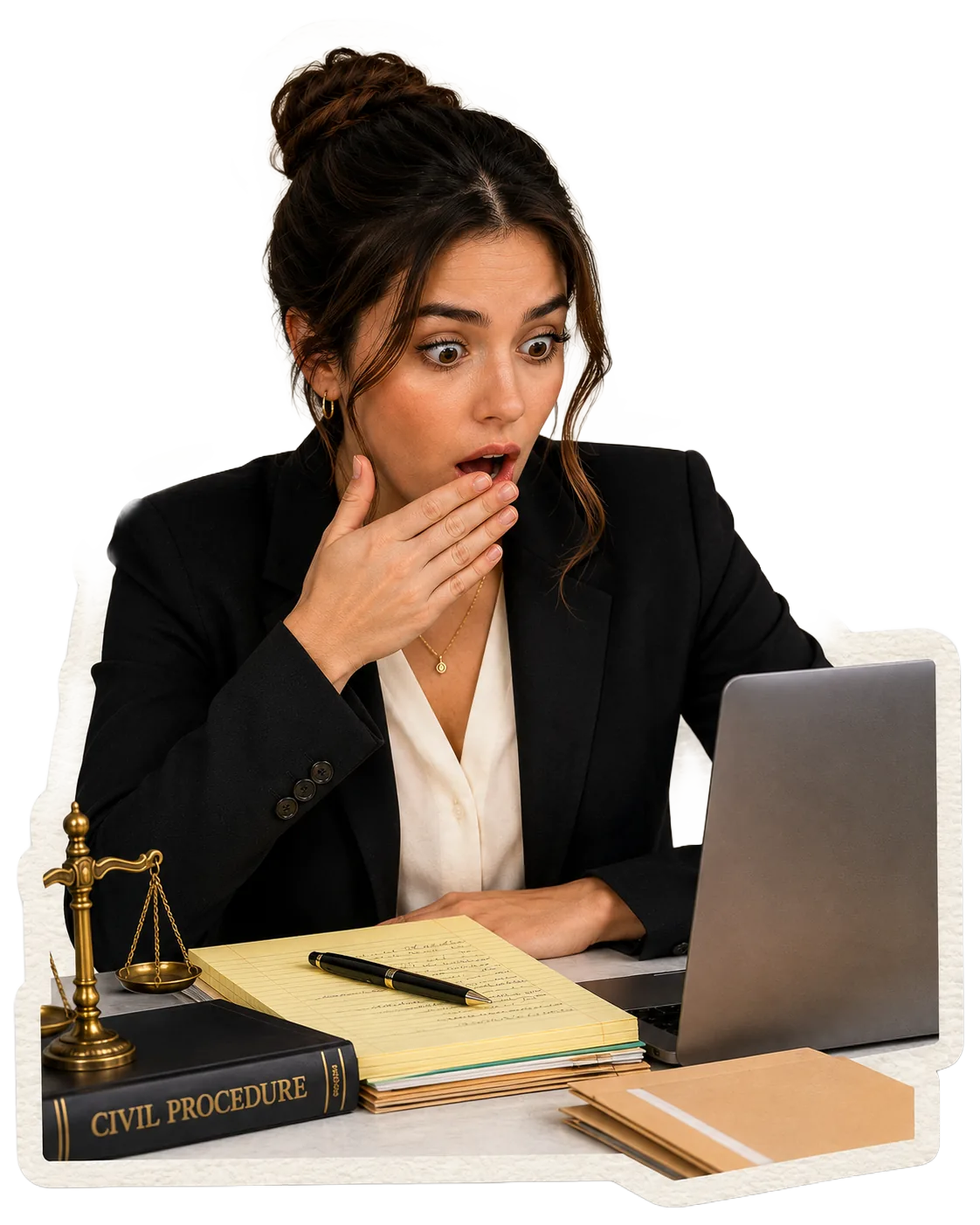 Shocked attorney looking at her screen